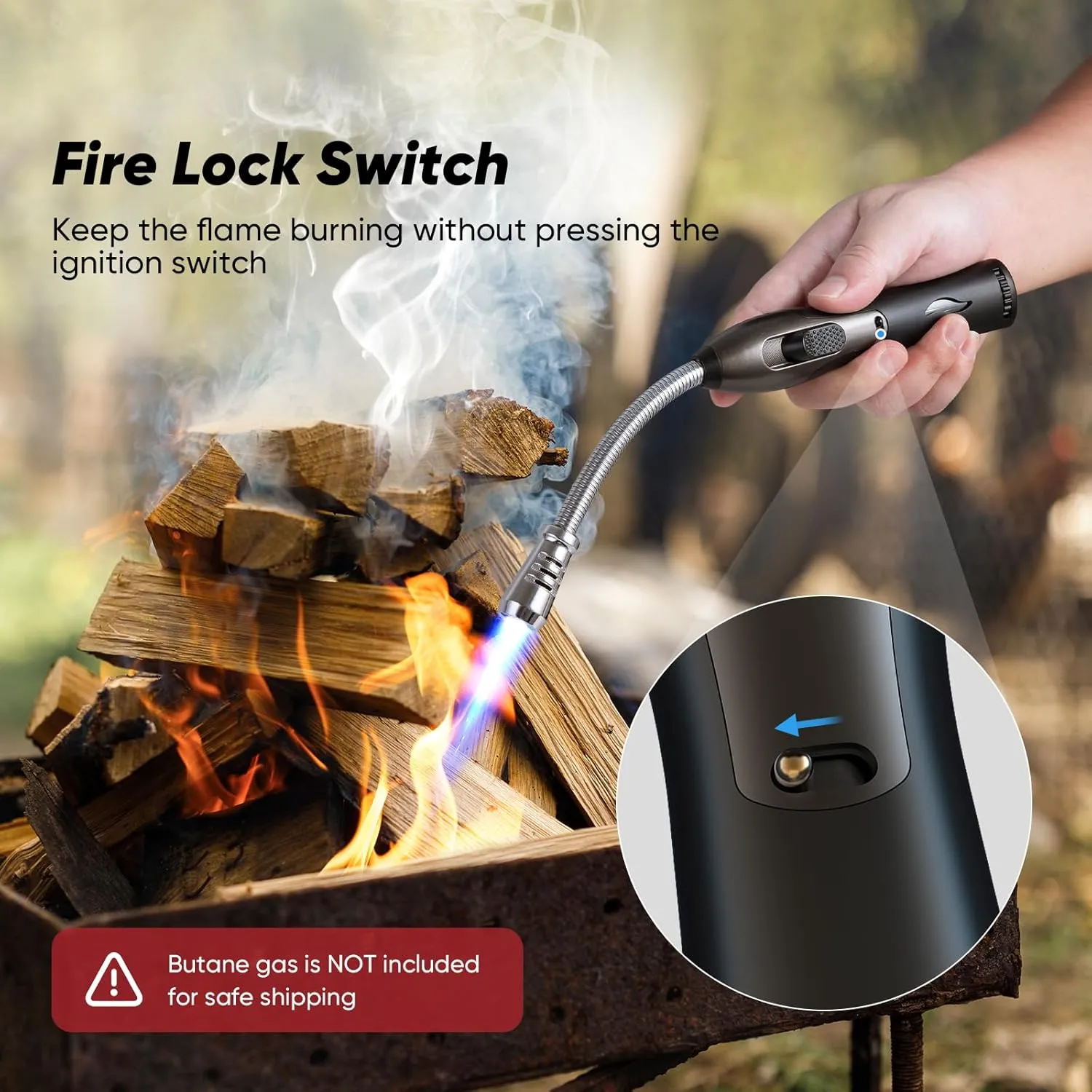 Butane Lighter Torch Long Lighter for Grill Fireplace, Refillable Lighter Windproof with Visual Fuel Window Flexible Extra Long Torch Lighter for Camping BBQ Candles (No Butane Included)