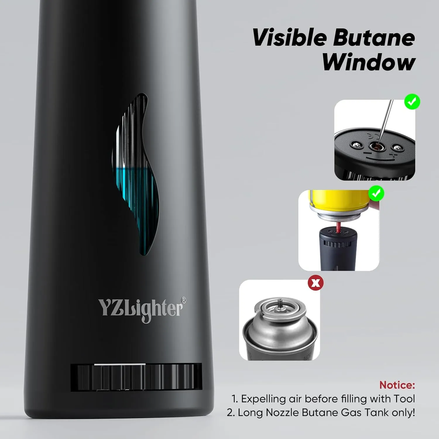 Butane Lighter Torch Long Lighter for Grill Fireplace, Refillable Lighter Windproof with Visual Fuel Window Flexible Extra Long Torch Lighter for Camping BBQ Candles (No Butane Included)