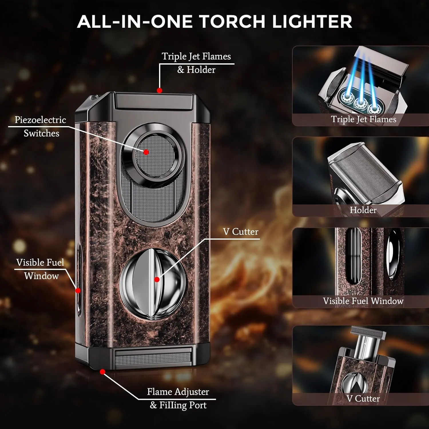 Butane Torch Lighter with V Cutter, Built-in Holder, Windproof Jet Flames, All-in-one Cool Lighter for Candles, Outdoors, Men Gift, Versatile Accessories (Butane Not Included)