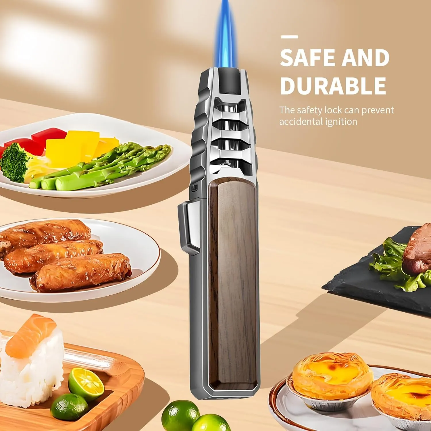 Butane Torch Lighter,Windproof Refillable Kitchen Cooking Torch,Adjustable Flame Solar Beam Blow Torch with Safety Lock for Candle Camping BBQ (Not Included Butane Gas) (Brown)