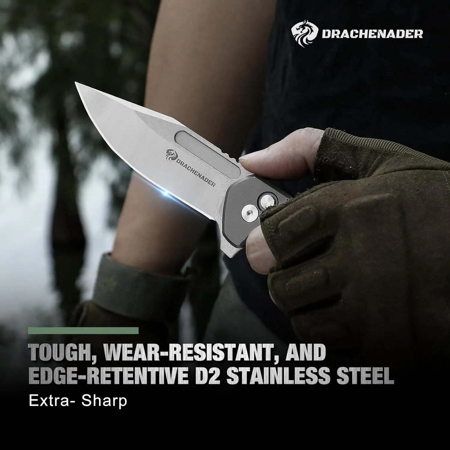 Button Lock Pocket Knife, B-FENG Pocket Knife for Men with Aluminum Handle, Clip, Nylon-Sheath (Horizontal and Vertical Carry), D2 Stainless Steel, for Camping (Gray)
