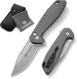 Button Lock Pocket Knife, B-FENG Pocket Knife for Men with Aluminum Handle, Clip, Nylon-Sheath (Horizontal and Vertical Carry), D2 Stainless Steel, for Camping (Gray)