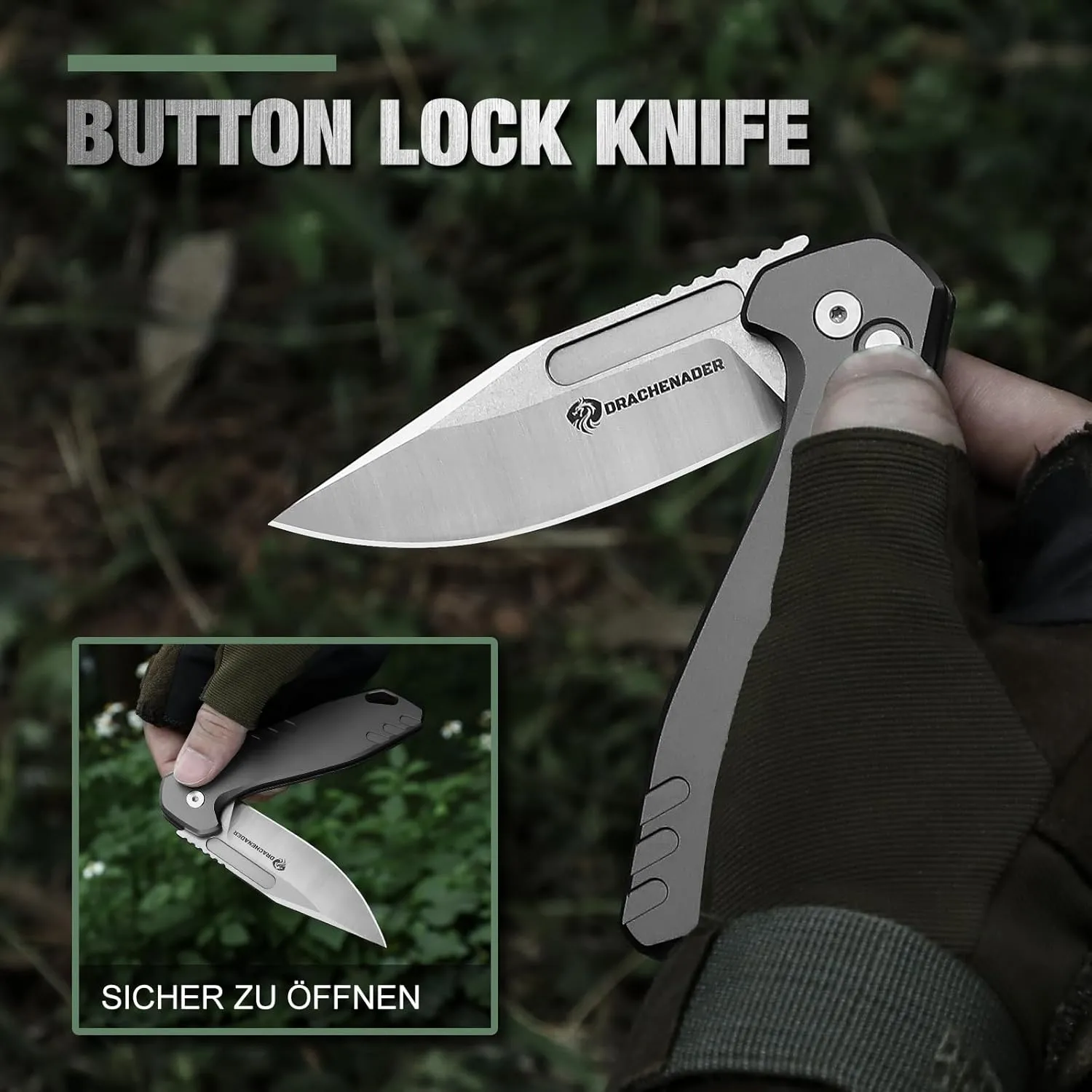 Button Lock Pocket Knife, B-FENG Pocket Knife for Men with Aluminum Handle, Clip, Nylon-Sheath (Horizontal and Vertical Carry), D2 Stainless Steel, for Camping (Gray)