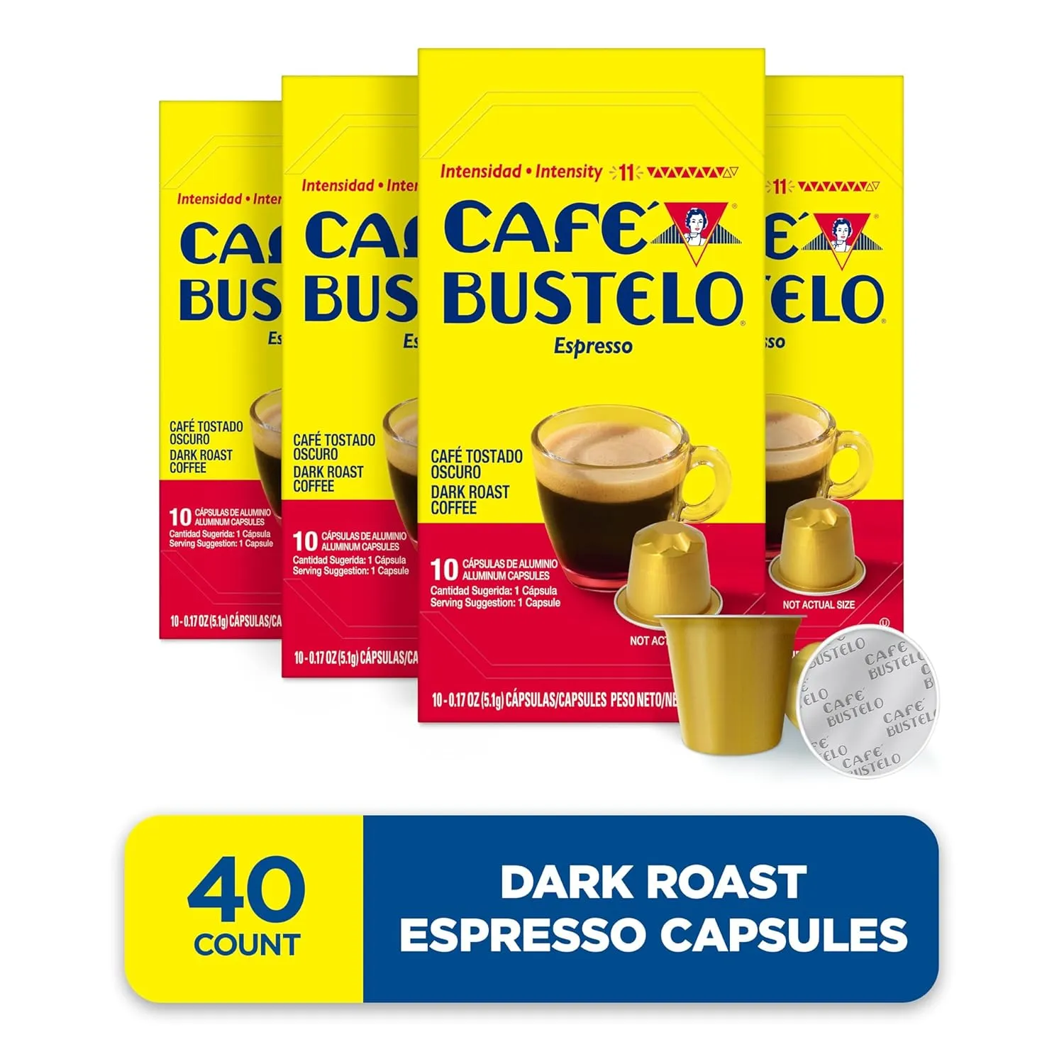 Café Bustelo Aluminum Espresso Capsules, Dark Roast Coffee, Nespresso OriginalLine Compatible, Intensity 11, 40 Count