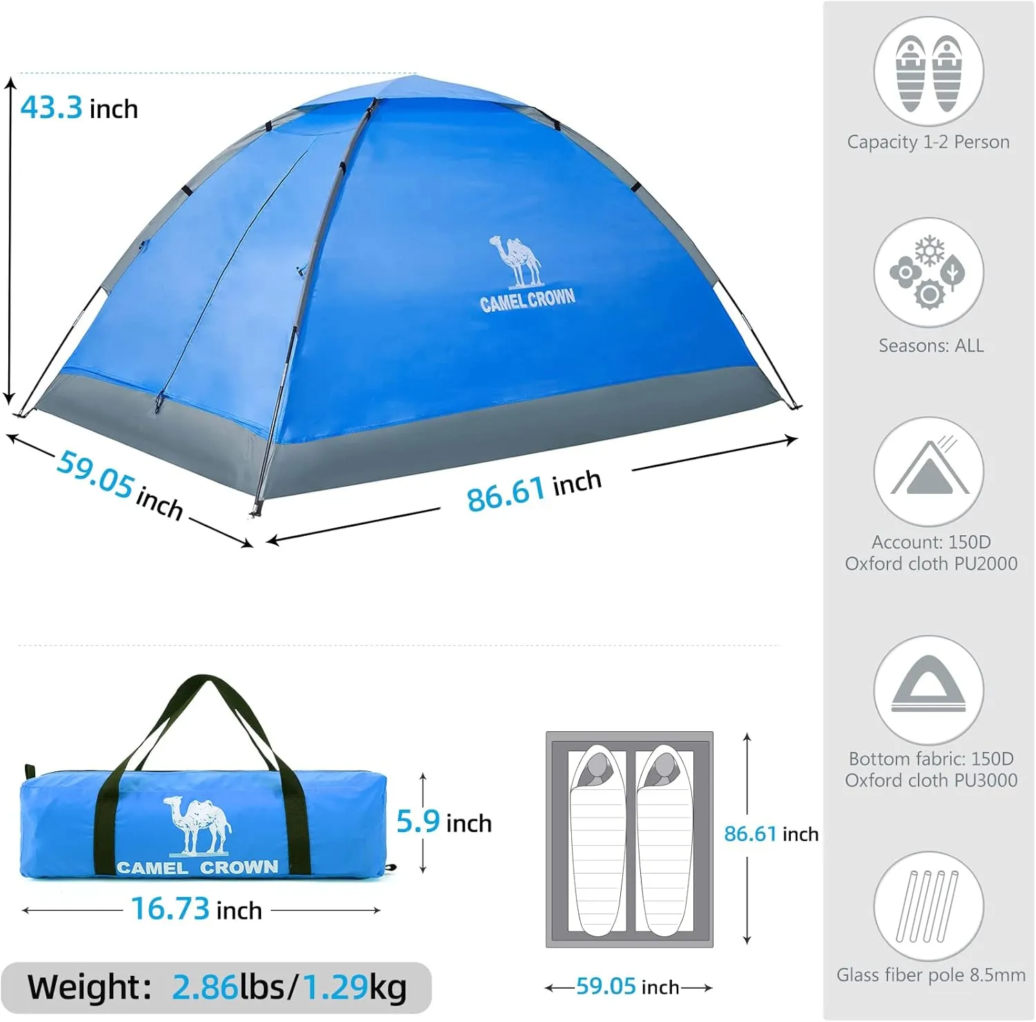 CAMEL CROWN 2/3/4 Person Camping Tent with Removable Rain Fly, Easy Setup Outdoor Tents Water Resistant Lightweight Portable for Family Backpacking Camping Hiking Traveling