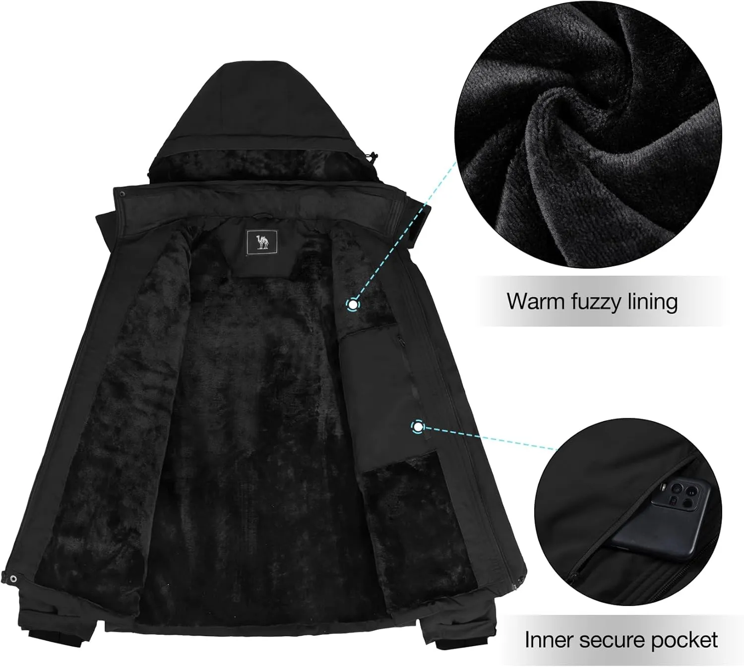 CAMEL CROWN Mens Winter Coat Waterproof Ski Jacket with Fleece Lining Warm Windproof for Snow Rain Outdoor Hiking Mountain