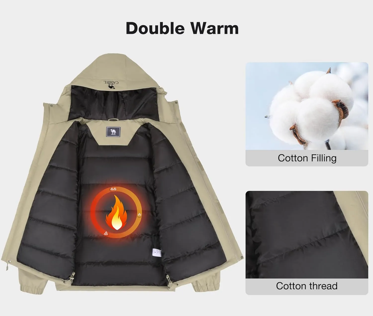 CAMEL Men's Ski Jacket Winter Coat Waterproof Snowboard Jacket Warm Hooded Parka Windproof Rain Outerwear