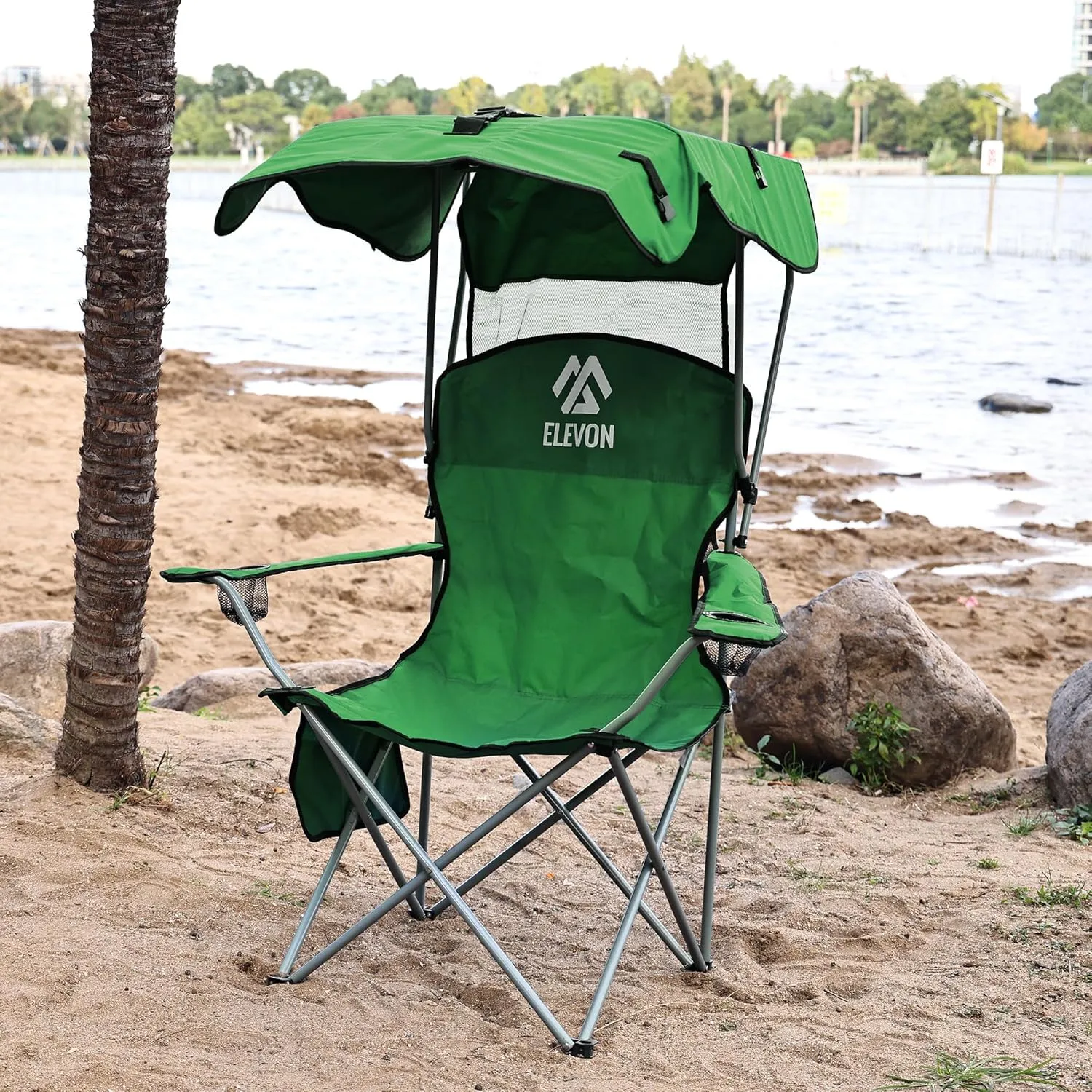 Camp Chairs with Shade Canopy Chair Folding Camping Recliner Support with Carrying Bag, Green