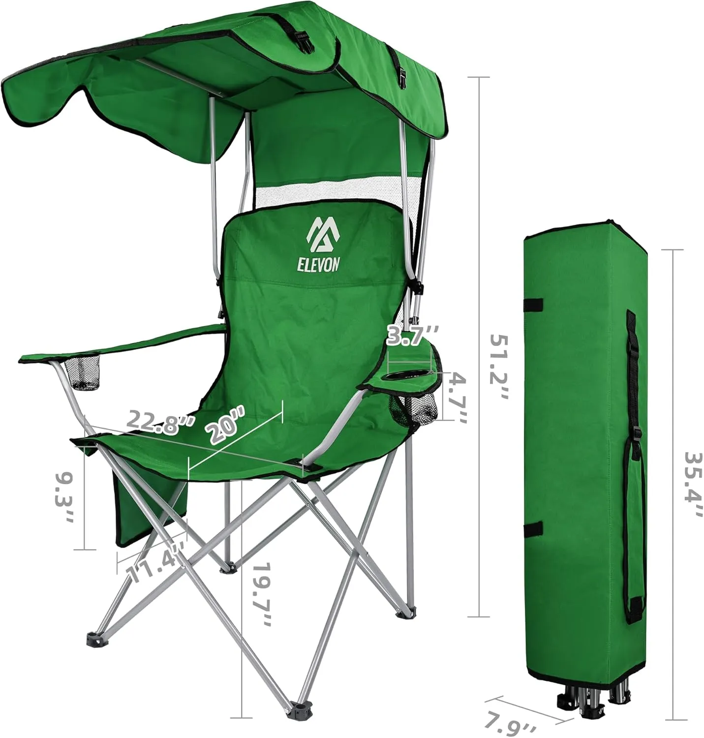 Camp Chairs with Shade Canopy Chair Folding Camping Recliner Support with Carrying Bag, Green