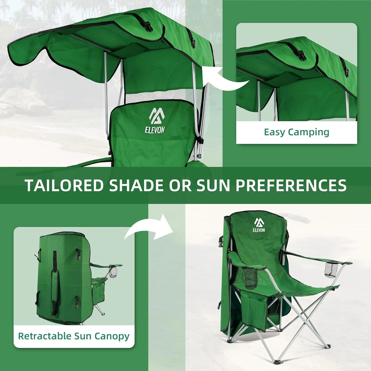 Camp Chairs with Shade Canopy Chair Folding Camping Recliner Support with Carrying Bag, Green