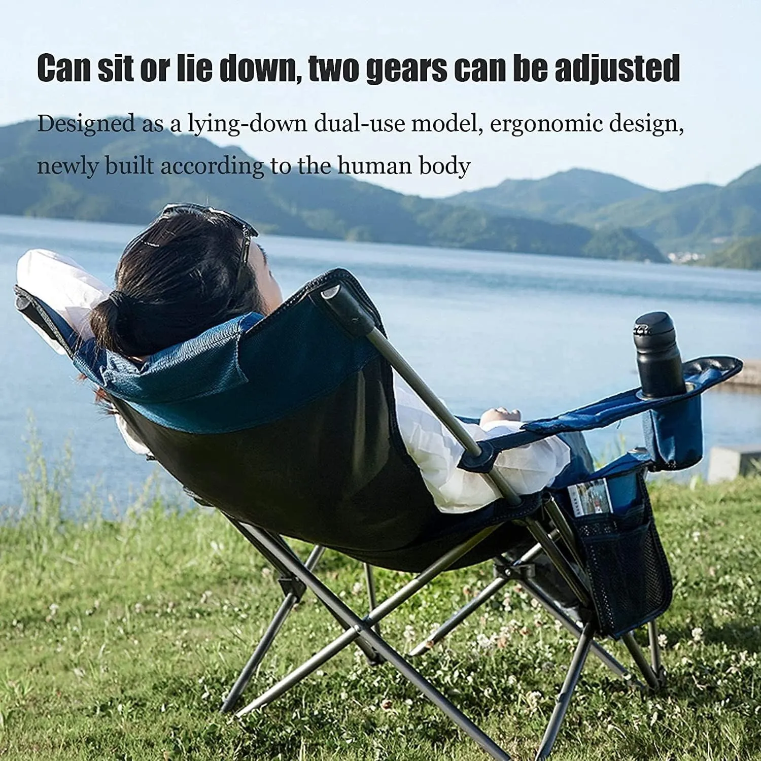 Camping Chair Outdoor Folding Chair Portable Lawn Folding Seat Armchair with Cup Holder Pillow and Carry Bag Leisure Recliner Stool Folding Chair (Color : Blue) (G One S