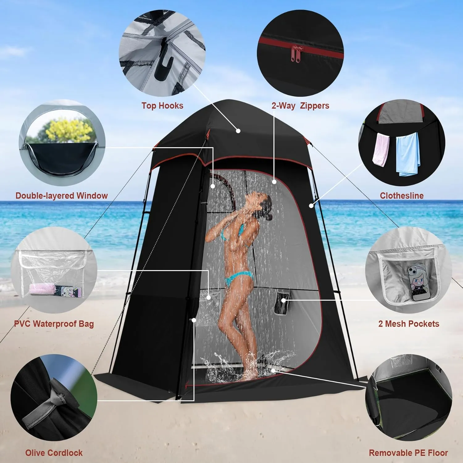 Camping Shower Tent, Oversize Pop Up Changing Tent, Portable Outdoor Bathroom Toilet Tent with Floor, Easy Set Up Privacy Shelter for Dressing, Hiking, Fishing, UPF50 
