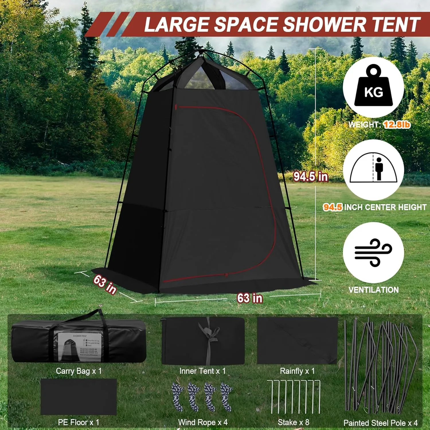 Camping Shower Tent, Oversize Pop Up Changing Tent, Portable Outdoor Bathroom Toilet Tent with Floor, Easy Set Up Privacy Shelter for Dressing, Hiking, Fishing, UPF50 