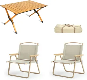 Camping Table and Chairs, 3Pcs Picnic Table with Aluminum Roll-up Backpacking Table and Lawn Chair Portable Folding Furniture for Indoor Outdoor