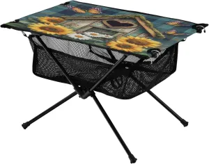 Camping Table Lightweight Portable Folding Table with Mesh Storage Net Flower Love House Ideal for Camping Hiking Beach Picnic Travel Backyard