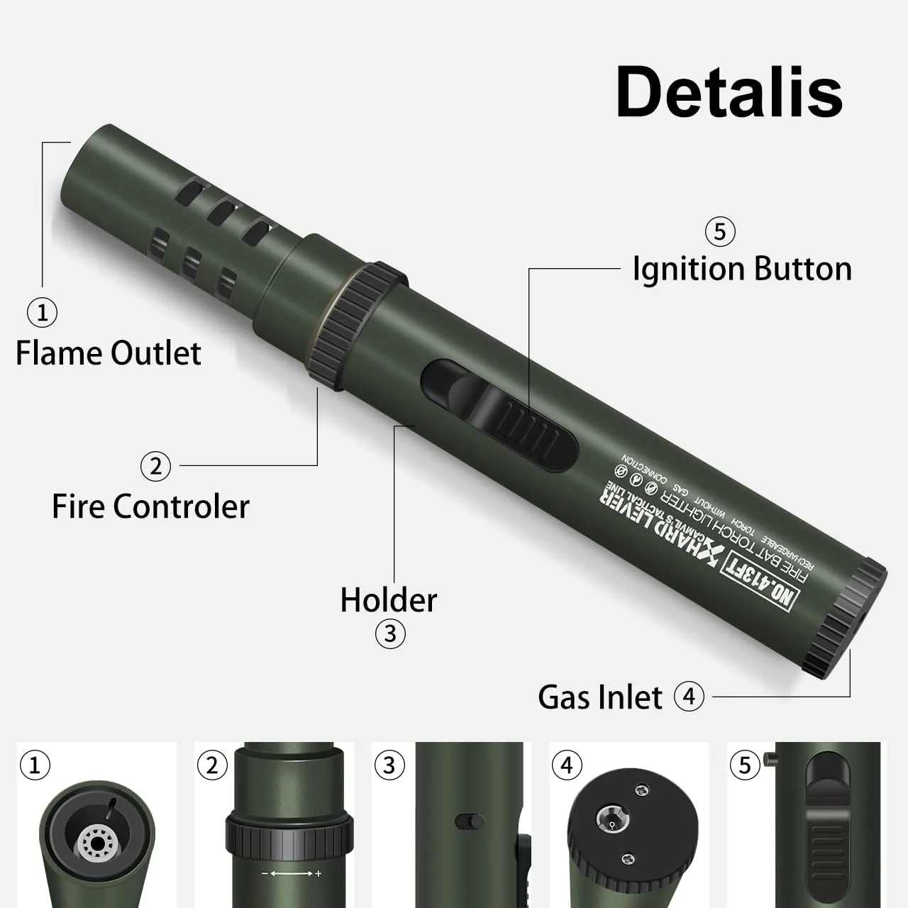 Camping Torch Lighter, Windproof Bright Fire Torch with Safety Lock, Refillable Straight Flame Lighter with Adjustable Jet Flame for Tactical Outdoor Hiking Candles Kitchen BBQ Campfires (Green)