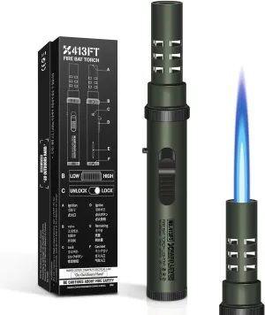 Camping Torch Lighter, Windproof Bright Fire Torch with Safety Lock, Refillable Straight Flame Lighter with Adjustable Jet Flame for Tactical Outdoor Hiking Candles Kitchen BBQ Campfires (Green)
