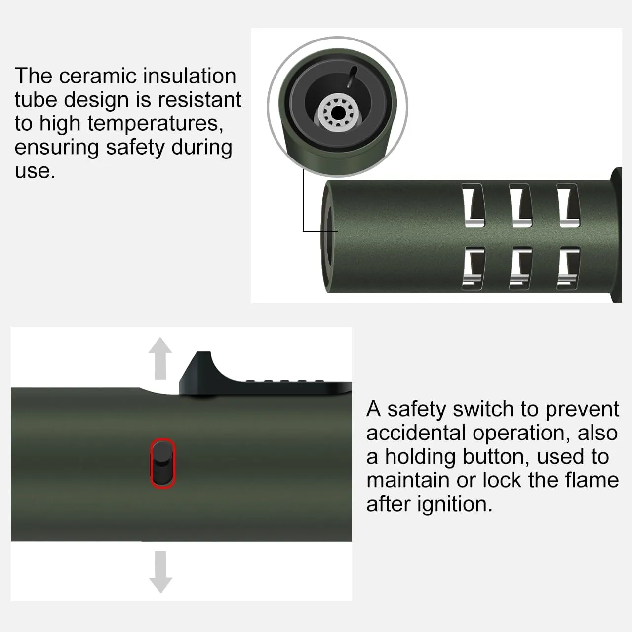 Camping Torch Lighter, Windproof Bright Fire Torch with Safety Lock, Refillable Straight Flame Lighter with Adjustable Jet Flame for Tactical Outdoor Hiking Candles Kitchen BBQ Campfires (Green)