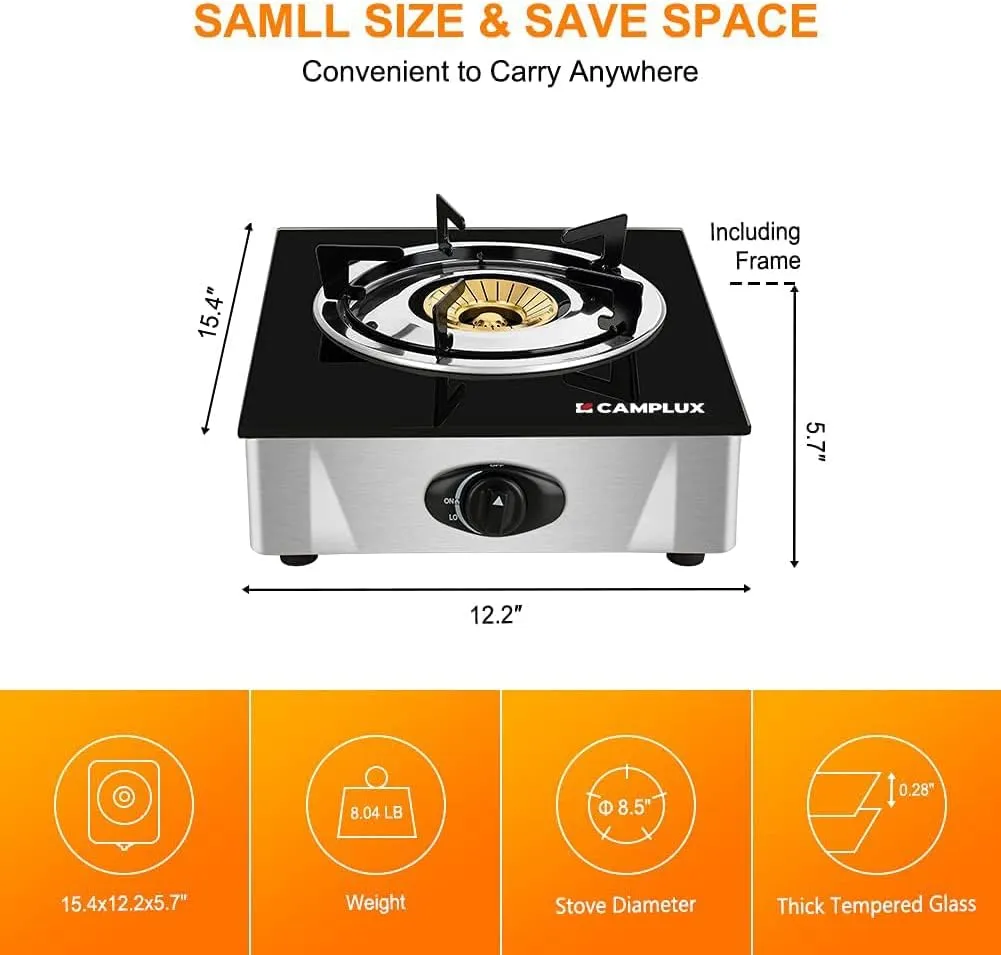 Camplux Propane Stove with Auto Ignition, Single Burner Propane Stoves 9,500 BTU, Tempered Glass Gas Cooktop