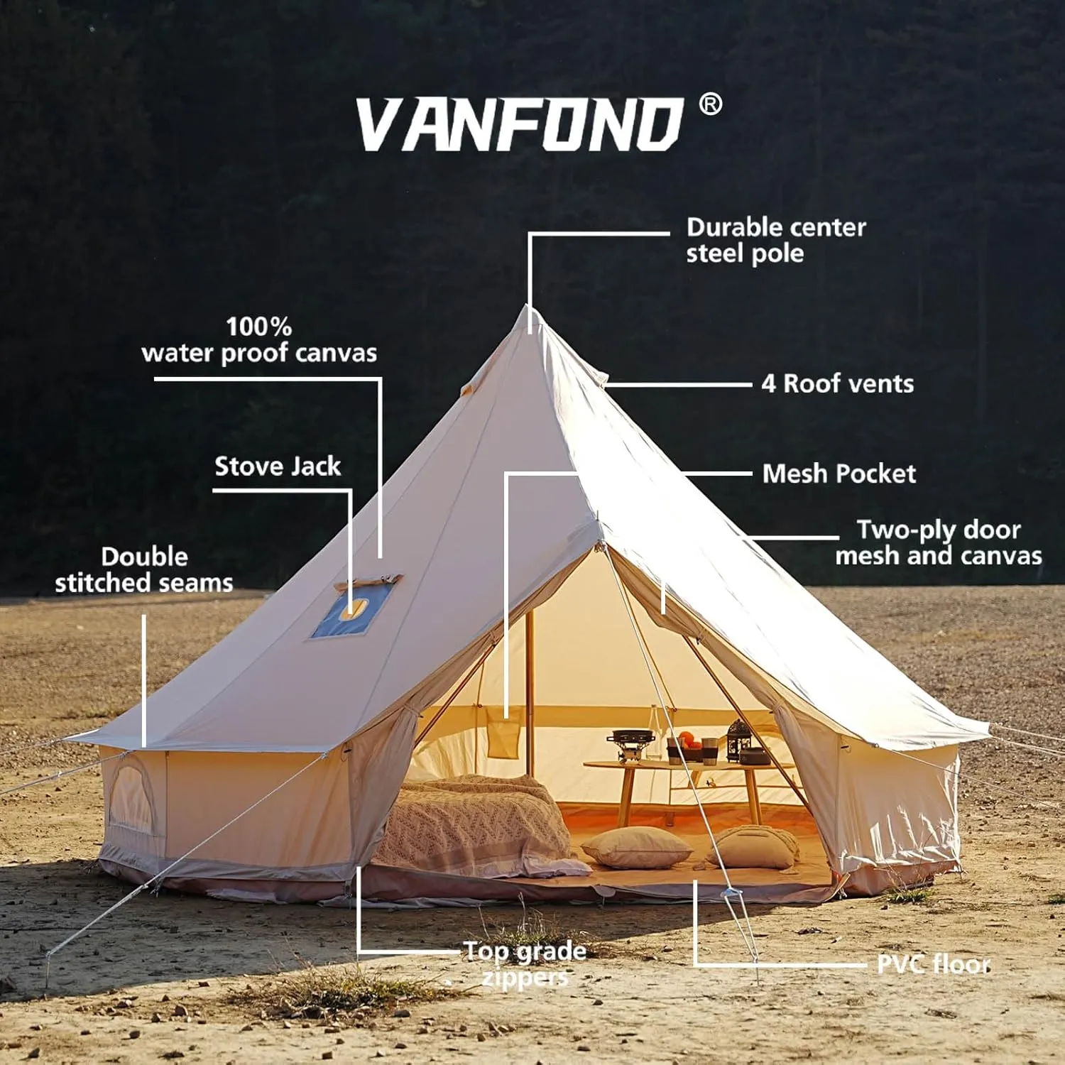 Canvas Bell Tent With Stove Jack - Waterproof and Breathable Yurt, Glamping Tent With Detachable Groundsheet for Camping Party