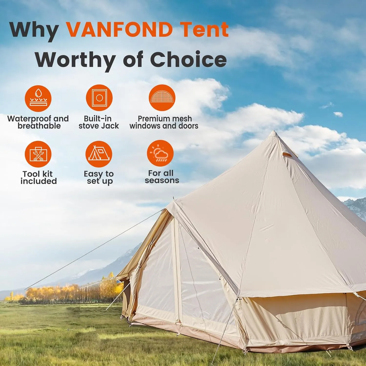Canvas Bell Tent With Stove Jack - Waterproof and Breathable Yurt, Glamping Tent With Detachable Groundsheet for Camping Party
