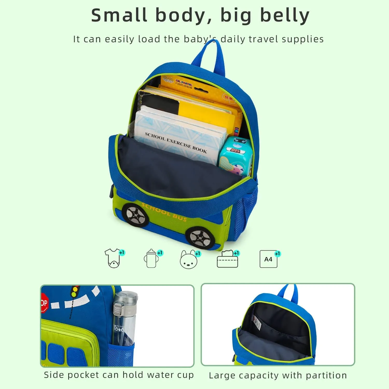 Car Dinosaur Kids Toddler Backpack for Boys and Girls Children Waterproof Preschool Bag(Green Scool Bus)