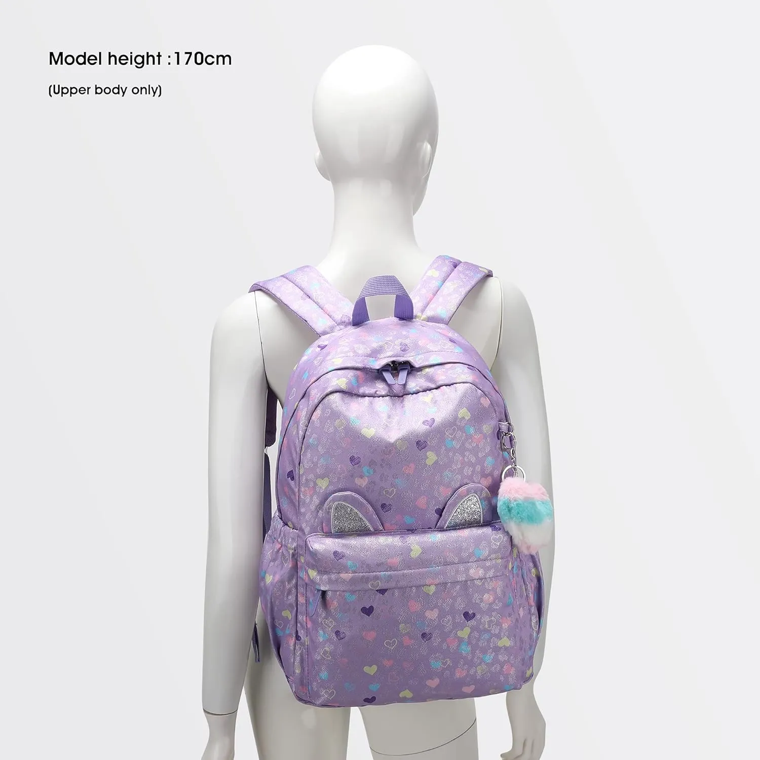 Caran·Y 30L Kids Backpack for Girls & Boys Waterproof Cat Ear School Bag Classic Large Size Lightweight Gift Purple Peach Heart Ideal for Ages 6-18 -Perfect for School & Everyday Use