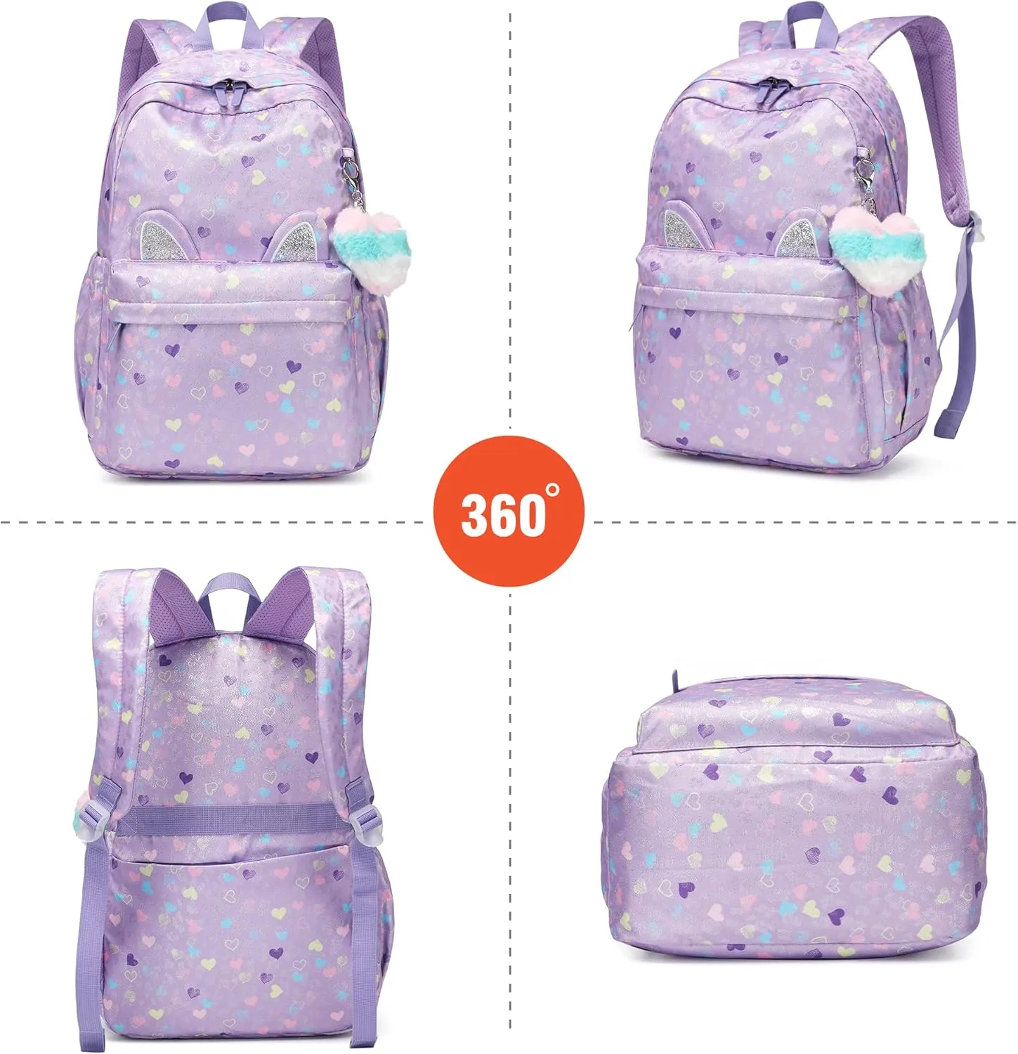 Caran·Y 30L Kids Backpack for Girls & Boys Waterproof Cat Ear School Bag Classic Large Size Lightweight Gift Purple Peach Heart Ideal for Ages 6-18 -Perfect for School & Everyday Use