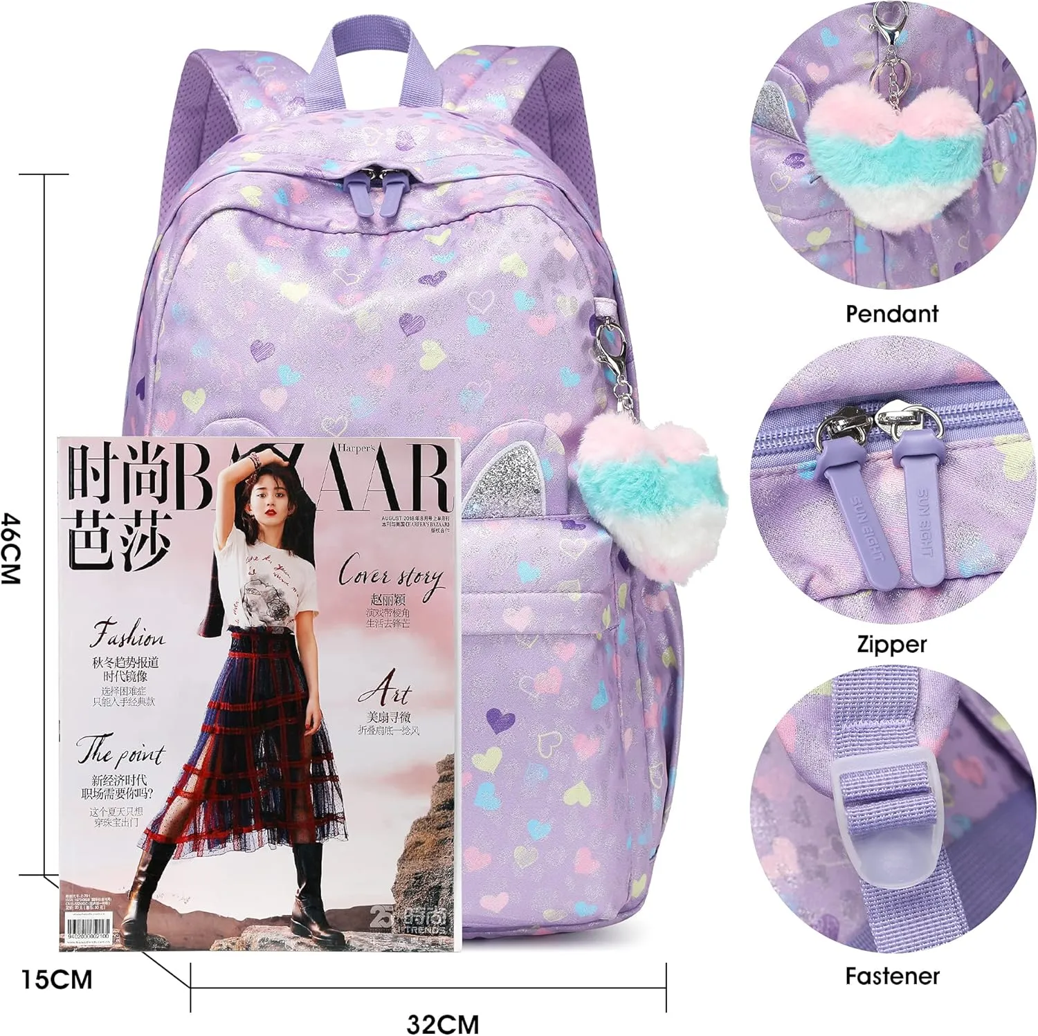 Caran·Y 30L Kids Backpack for Girls & Boys Waterproof Cat Ear School Bag Classic Large Size Lightweight Gift Purple Peach Heart Ideal for Ages 6-18 -Perfect for School & Everyday Use