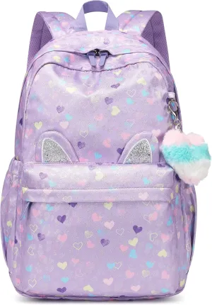 Caran·Y 30L Kids Backpack for Girls & Boys Waterproof Cat Ear School Bag Classic Large Size Lightweight Gift Purple Peach Heart Ideal for Ages 6-18 -Perfect for School & Everyday Use