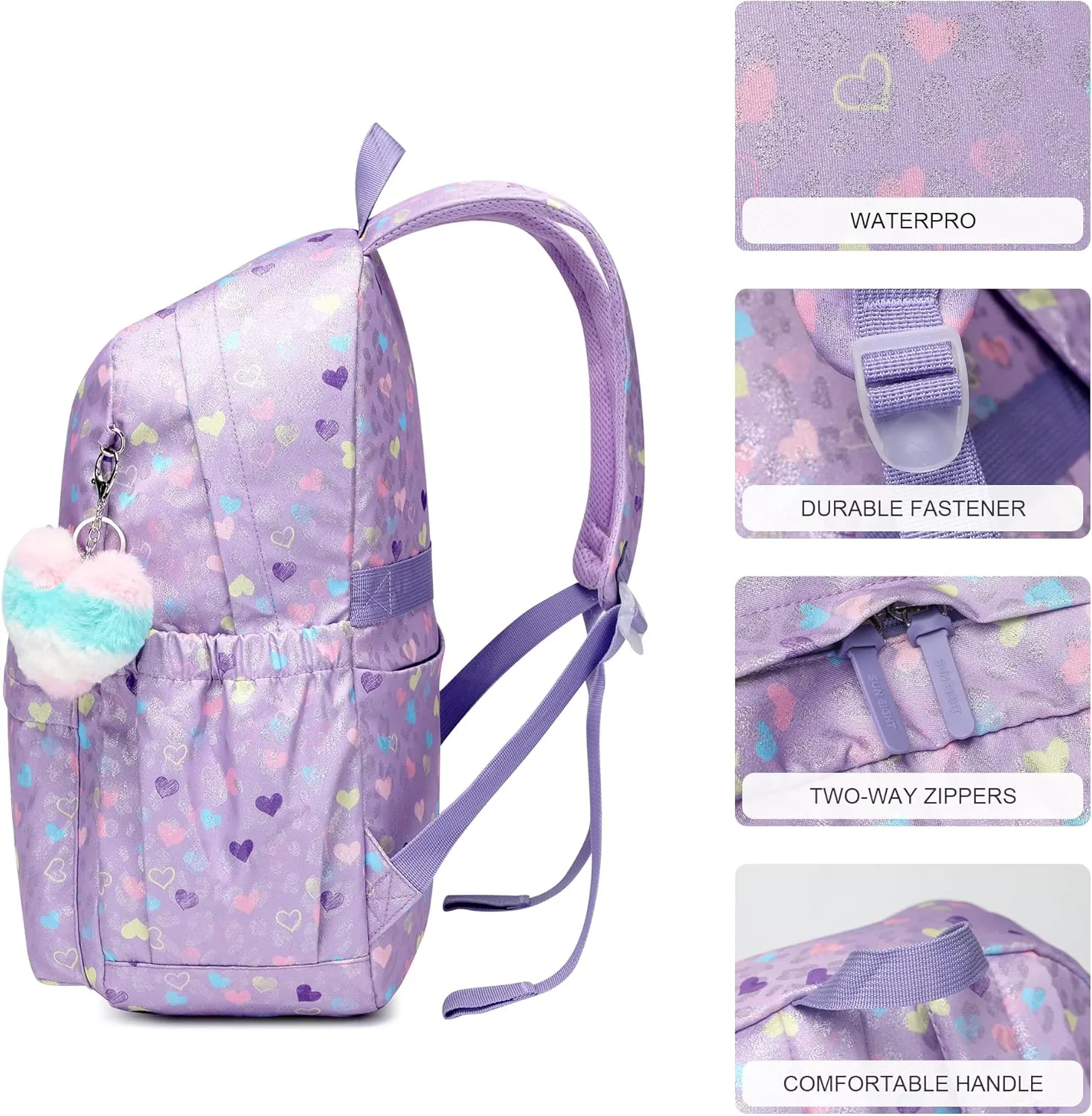 Caran·Y 30L Kids Backpack for Girls & Boys Waterproof Cat Ear School Bag Classic Large Size Lightweight Gift Purple Peach Heart Ideal for Ages 6-18 -Perfect for School & Everyday Use
