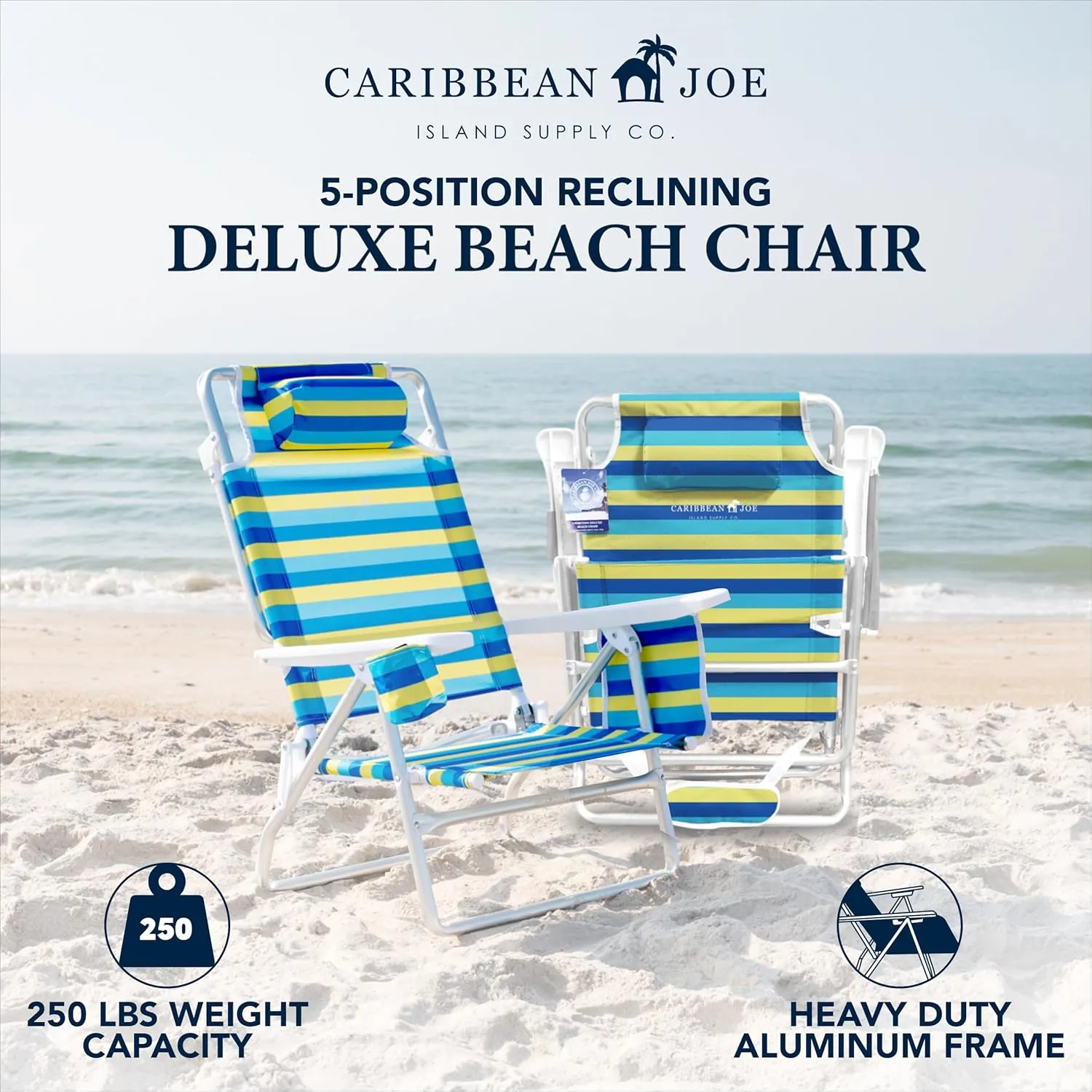 Caribbean Joe Folding Beach Chair, 5 Position Lightweight, Portable Reclining Outdoor Camping Chair with Headrest, Shoulder Strap, and Cup Holder, Bold Stripe