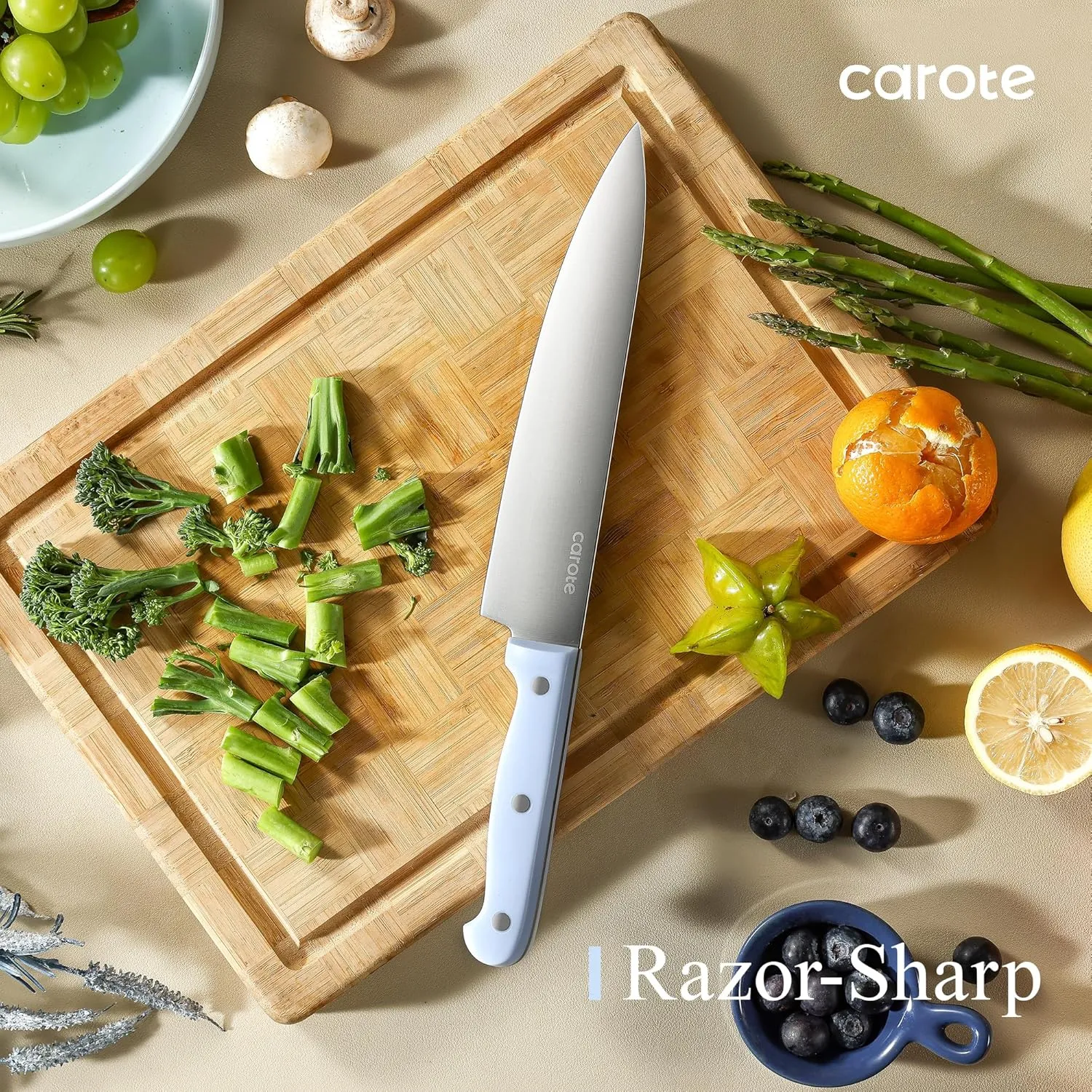 CAROTE 14 Pieces Knife Set with Block, Forged, High Carbon Stainless Steel Sharp Blade Block Knife Set, Dishwasher Safe Cutlery, Blue