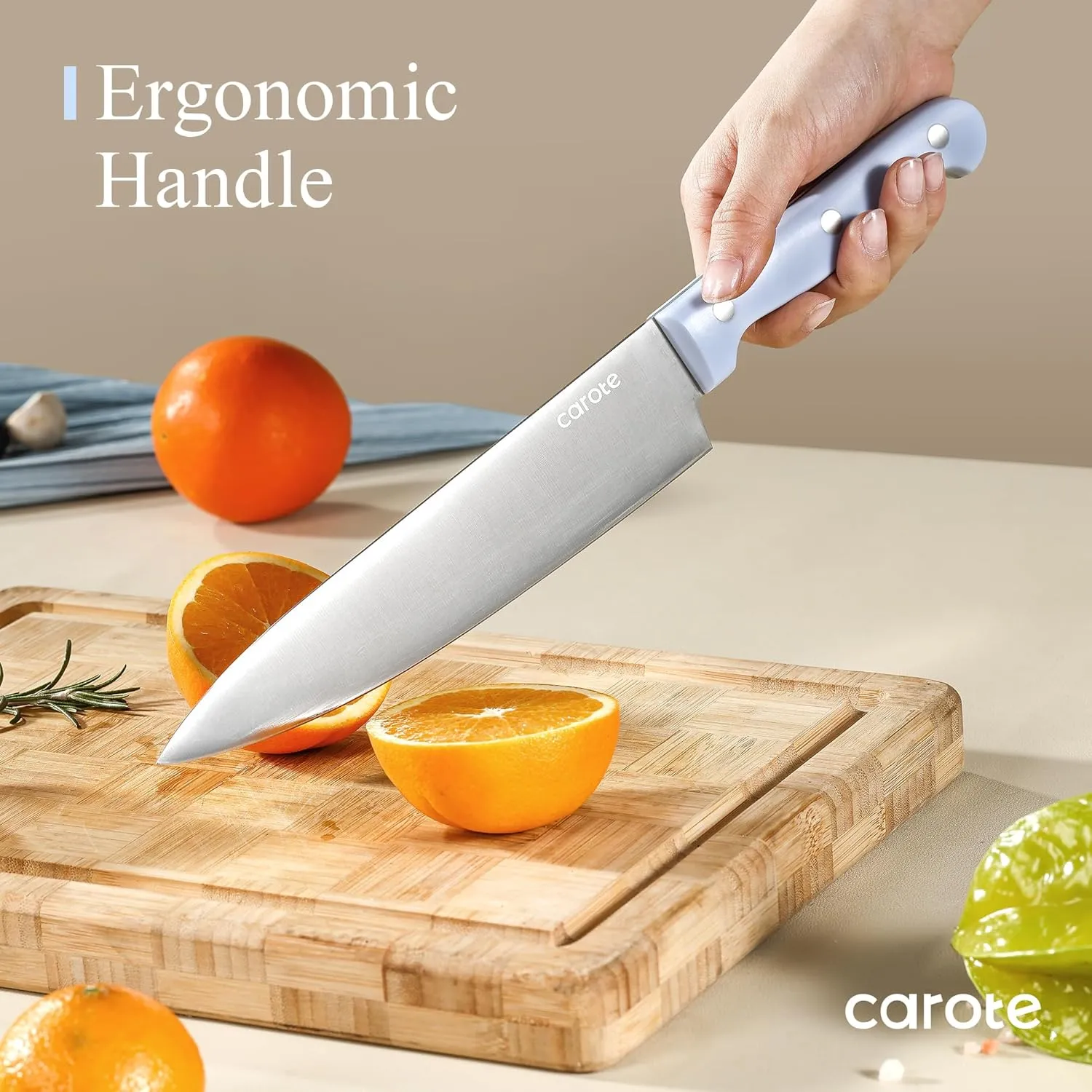 CAROTE 14 Pieces Knife Set with Block, Forged, High Carbon Stainless Steel Sharp Blade Block Knife Set, Dishwasher Safe Cutlery, Blue