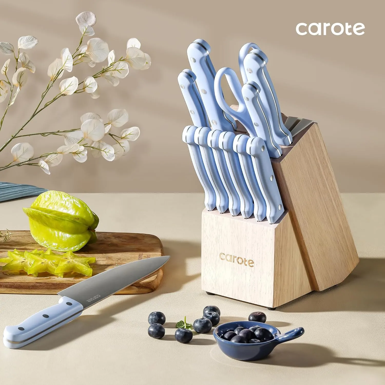 CAROTE 14 Pieces Knife Set with Block, Forged, High Carbon Stainless Steel Sharp Blade Block Knife Set, Dishwasher Safe Cutlery, Blue