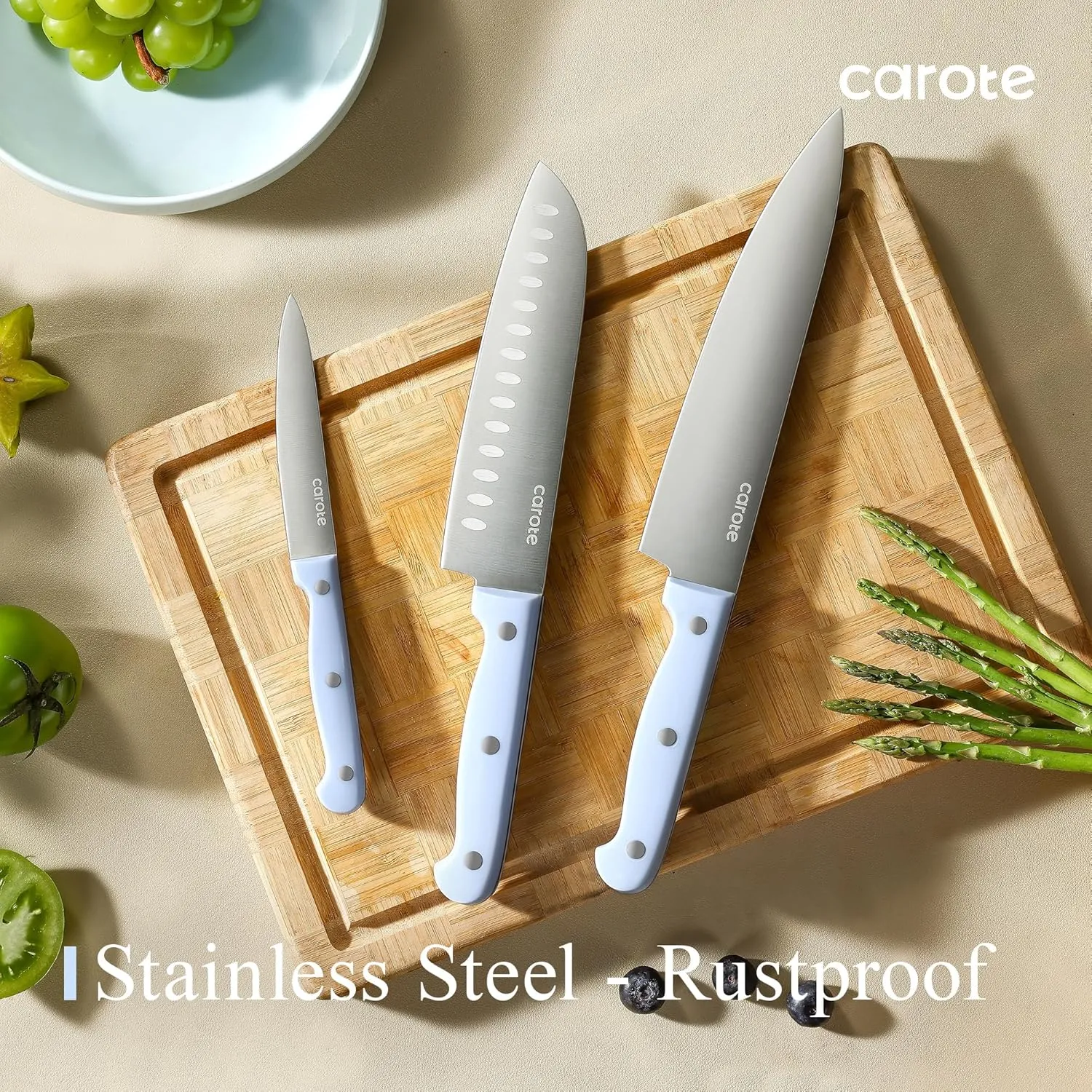 CAROTE 14 Pieces Knife Set with Block, Forged, High Carbon Stainless Steel Sharp Blade Block Knife Set, Dishwasher Safe Cutlery, Blue