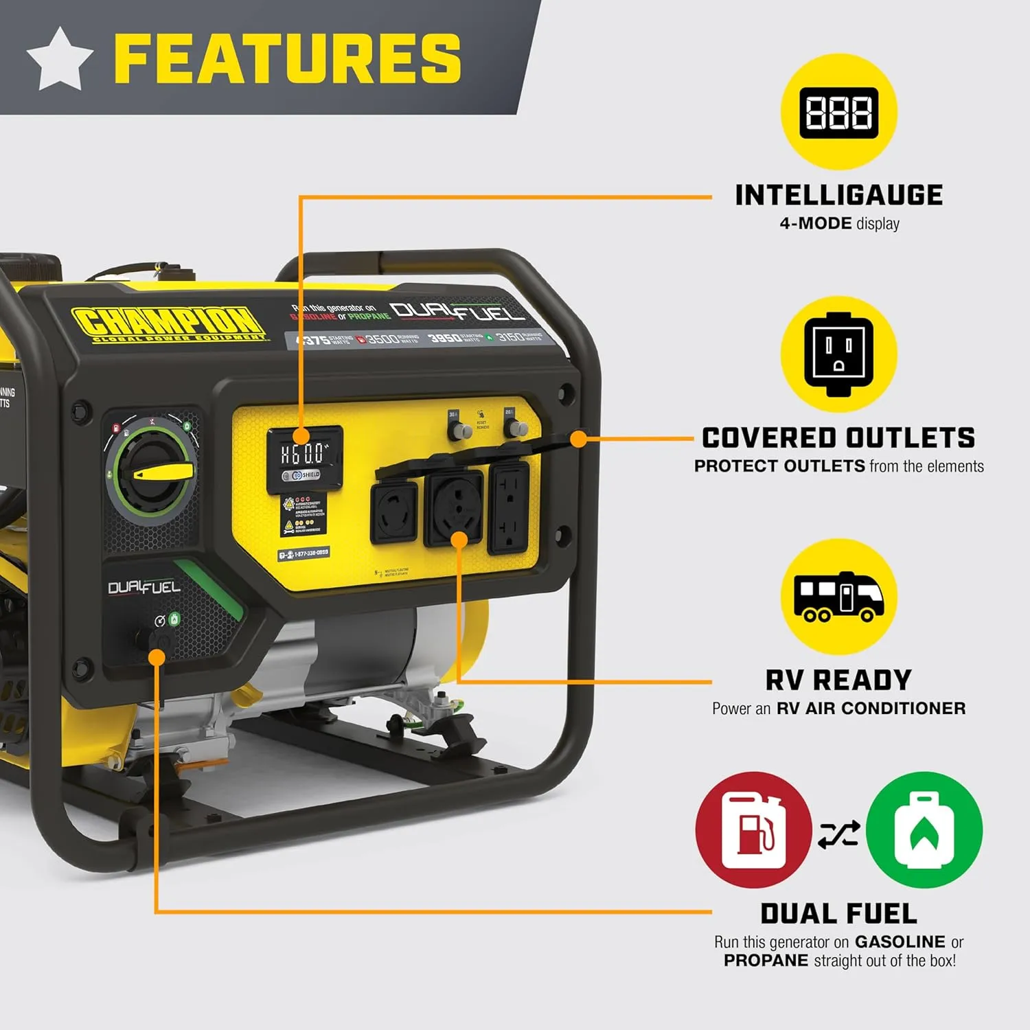 Champion Power Equipment 4375-Watt Dual Fuel RV Ready Portable Generator with CO Shield