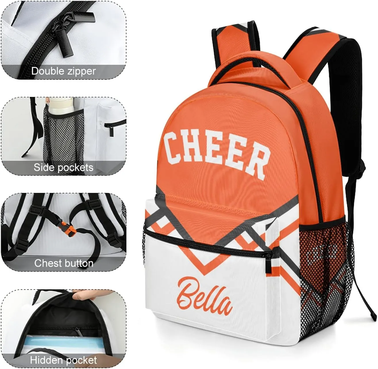 Cheerleaders White Orange Backpack Personalized Name Waterproof Travel Bag for Boys Girls Gift