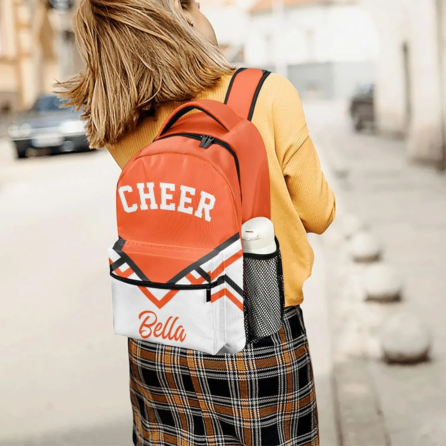 Cheerleaders White Orange Backpack Personalized Name Waterproof Travel Bag for Boys Girls Gift