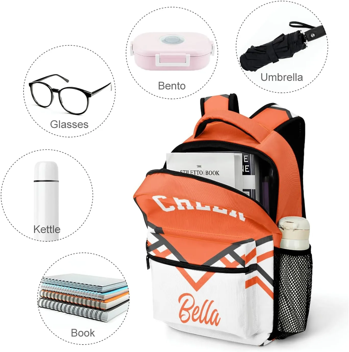Cheerleaders White Orange Backpack Personalized Name Waterproof Travel Bag for Boys Girls Gift