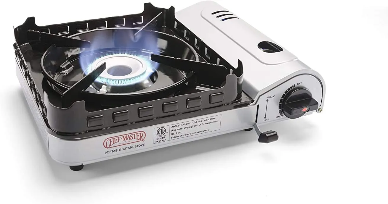 Chef Master 15,000 BTU Output Portable Butane Camping Stove, Double Wind-Guard Portable Stove Burner, Piezo Click Ignition for Emergencies, Tailgating, Hiking, Backpacking & Camping Essentials - 90019