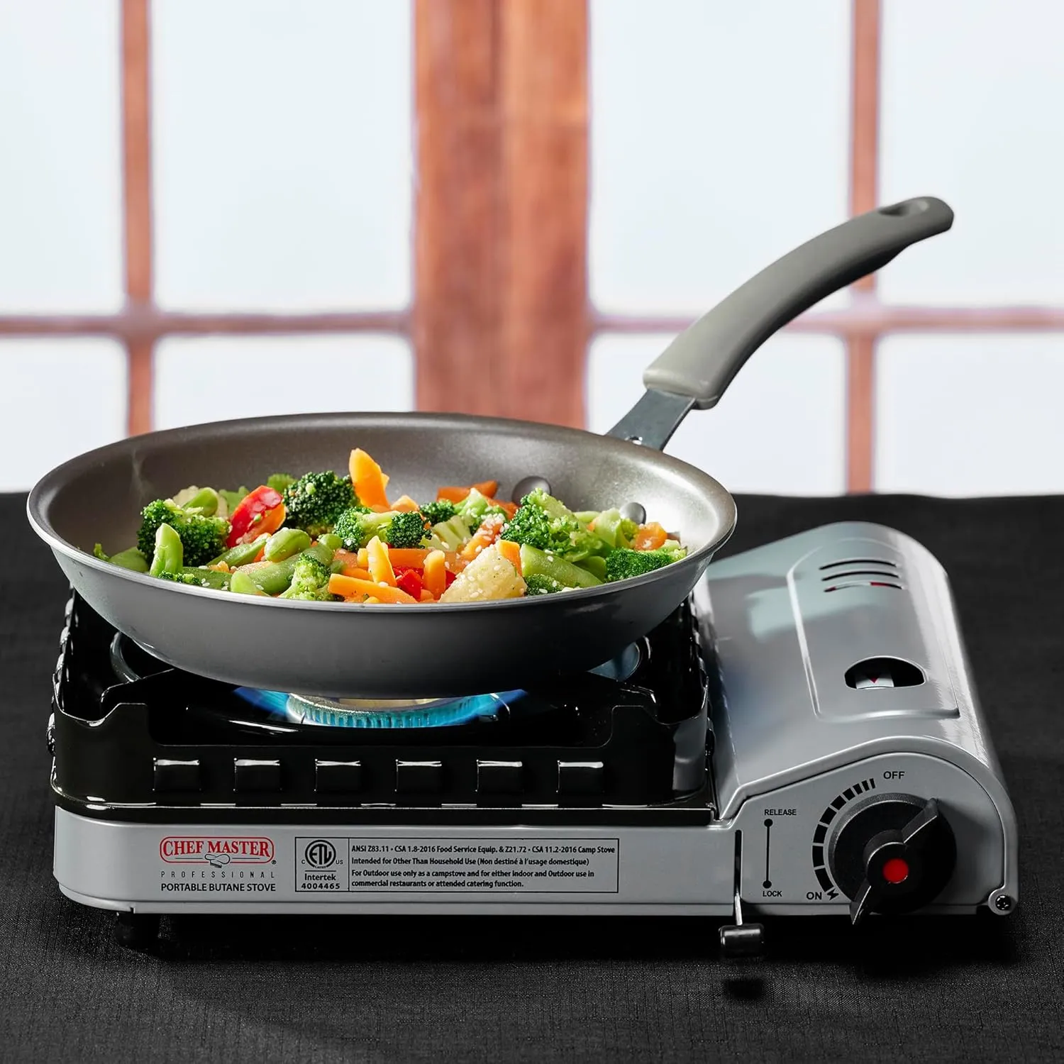 Chef Master 15,000 BTU Output Portable Butane Camping Stove, Double Wind-Guard Portable Stove Burner, Piezo Click Ignition for Emergencies, Tailgating, Hiking, Backpacking & Camping Essentials - 90019