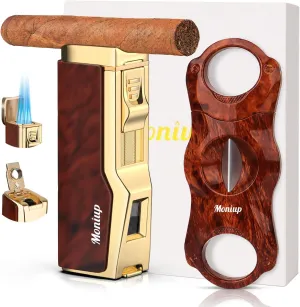 Cigar Lighter Set with V Cigar Cutter, Quad Windproof Jet Flame, Cigar Punch & Cigar Holder, 4-in-1 Cigar Accessories Kit with Gift Box for Christmas, Butane Refillable Torch lighters for Smoking