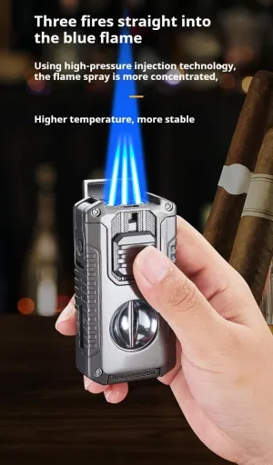 Cigar Torch Lighter 5-in-1 Windproof 3 Jet Flame with V Cutter、Cigar Punch、Cigar Needle and Cigar Stand(Excluding Butane Gas) (Green)