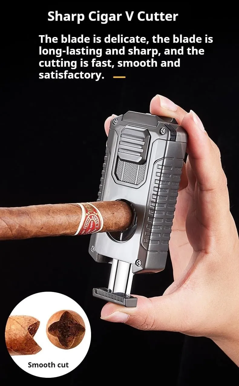 Cigar Torch Lighter 5-in-1 Windproof 3 Jet Flame with V Cutter、Cigar Punch、Cigar Needle and Cigar Stand(Excluding Butane Gas) (Grey)