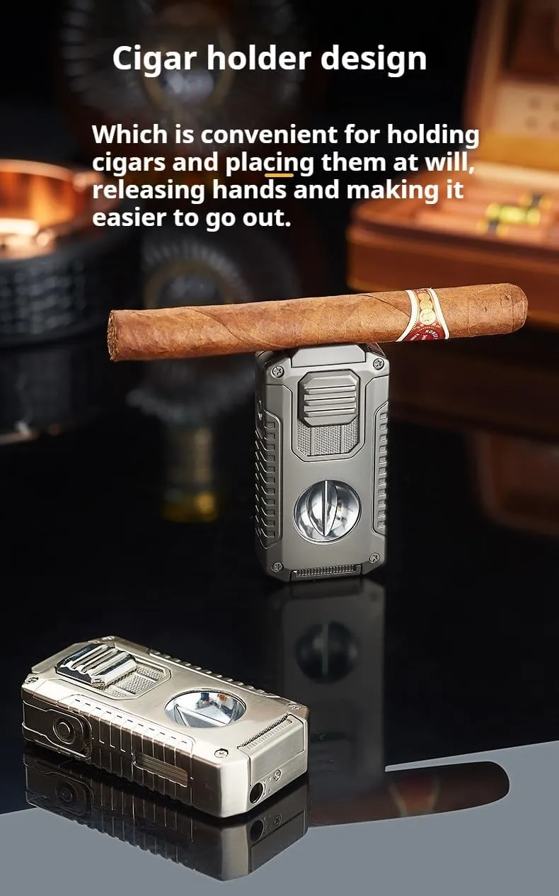 Cigar Torch Lighter 5-in-1 Windproof 3 Jet Flame with V Cutter、Cigar Punch、Cigar Needle and Cigar Stand(Excluding Butane Gas) (Grey)