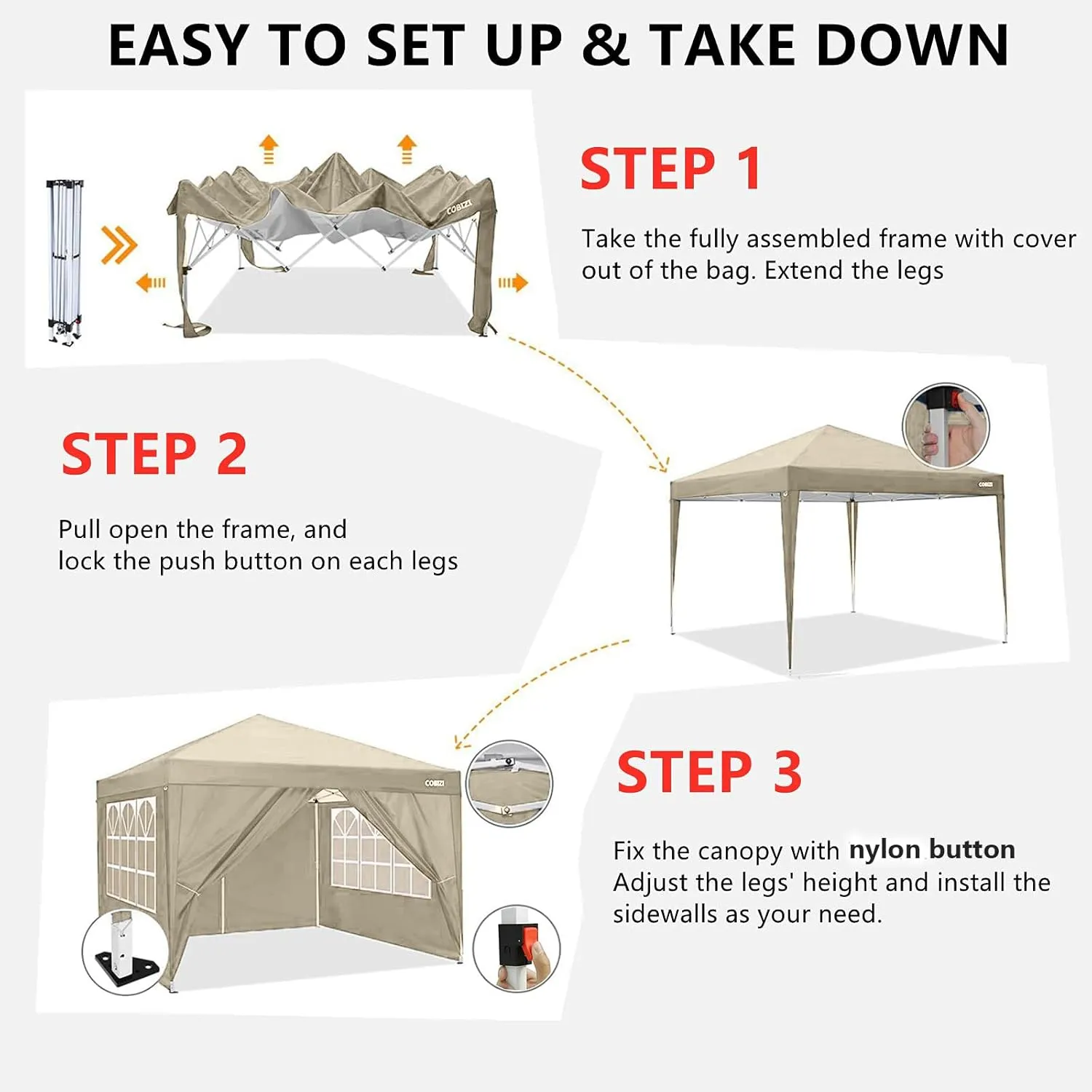 COBIZI 10x10 Pop Up Canopy Tent with 4 Removable Sidewalls Waterproof Commercial Instant Shelter Outdoor Party Tent Portable Canopy for Parties with Carry Bag, Ropes, Stakes (Khaki, 10'x10')