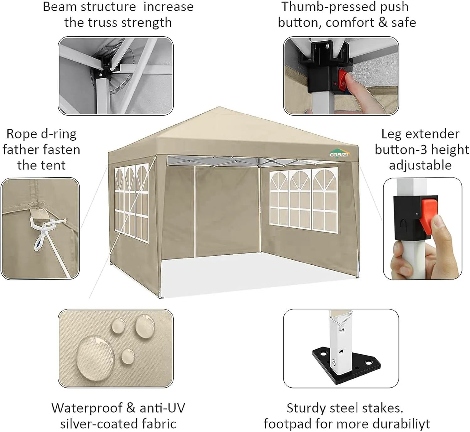 COBIZI 10x10 Pop Up Canopy Tent with 4 Removable Sidewalls Waterproof Commercial Instant Shelter Outdoor Party Tent Portable Canopy for Parties with Carry Bag, Ropes, Stakes (Khaki, 10'x10')