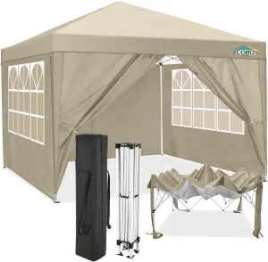 COBIZI 10x10 Pop Up Canopy Tent with 4 Removable Sidewalls Waterproof Commercial Instant Shelter Outdoor Party Tent Portable Canopy for Parties with Carry Bag, Ropes, Stakes (Khaki, 10'x10')