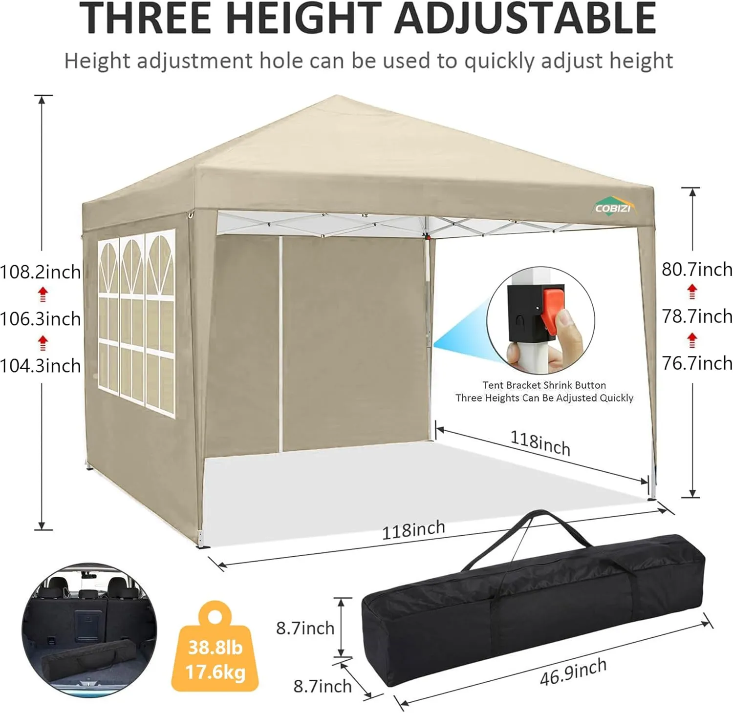 COBIZI 10x10 Pop Up Canopy Tent with 4 Removable Sidewalls Waterproof Commercial Instant Shelter Outdoor Party Tent Portable Canopy for Parties with Carry Bag, Ropes, Stakes (Khaki, 10'x10')